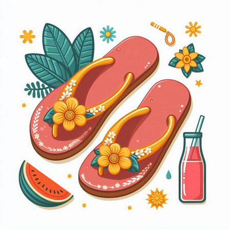 Flip flops and watermelon on a white background. Vector illustration.のイラスト素材