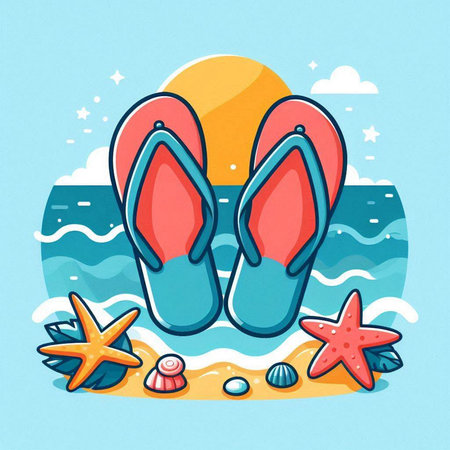 Flip-flops and starfish on the beach, vector illustrationのイラスト素材