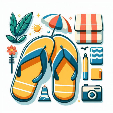 Flip-flops and beach accessories. Vector illustration in flat styleのイラスト素材