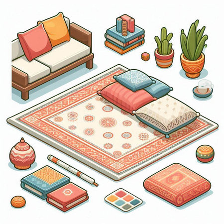 Vector isometric bedroom interior with furniture, sofa, pillows, books, carpet, potted plants.のイラスト素材
