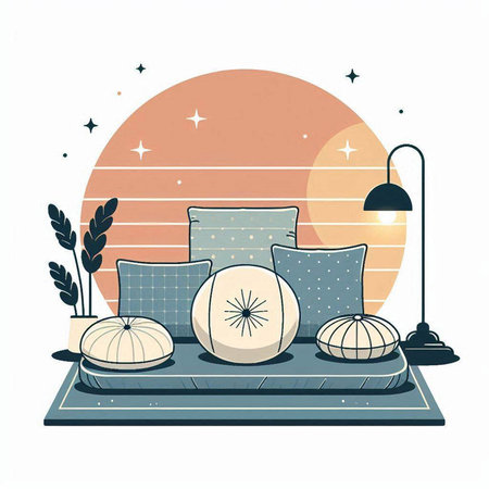 Illustration of a bed with cushions and pillows. Vector illustrationのイラスト素材