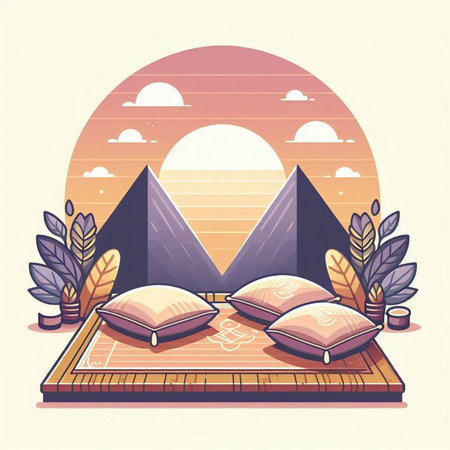 Vector illustration of a bed with pillows and a blanket in the mountainsのイラスト素材