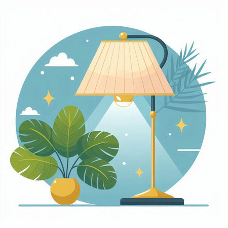 Flat design vector illustration concept of home interior decoration. Table lamp, potted plant and clouds in the background.のイラスト素材