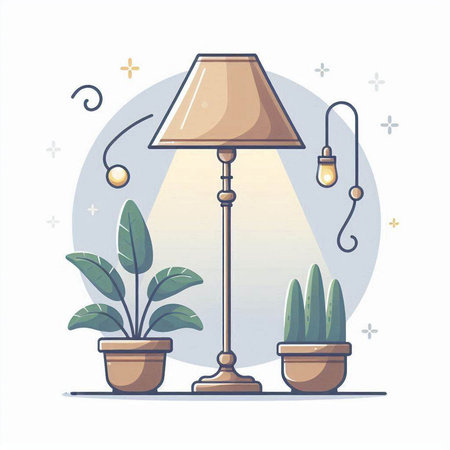 Lamp and potted plants in flat style. Vector illustration.のイラスト素材