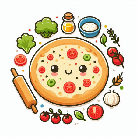 Cartoon pizza with ingredients. Vector illustration. Isolated on white background.のイラスト素材