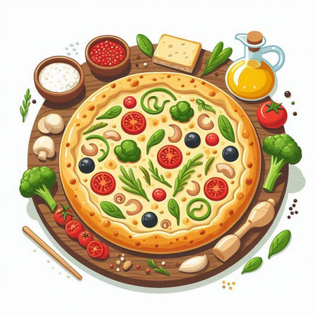 Pizza with mushrooms, tomatoes and olives on a wooden board.のイラスト素材