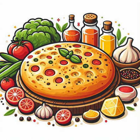 Illustration of a pizza surrounded by ingredients on a white background.のイラスト素材