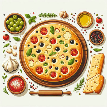Pizza with cheese, olives, olives and herbs. Vector illustration.のイラスト素材