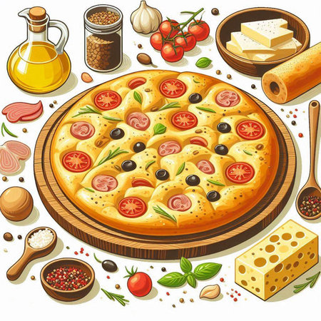 Pizza with cheese, olives and tomatoes on a white background.のイラスト素材