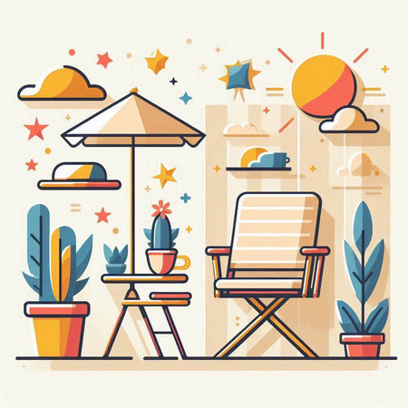 Vector illustration in trendy flat linear style with furniture, sun umbrella, chair, sunbed, potted plants and clouds.のイラスト素材