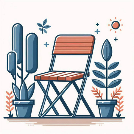 Wooden chair with plants in pots. Flat style vector illustration.のイラスト素材