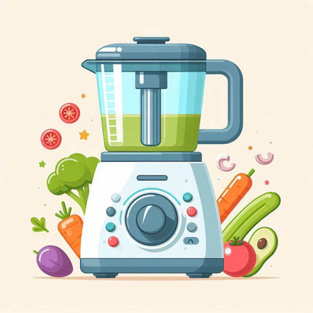 Blender with vegetables. Vector illustration in flat style. Juicer with fruits and vegetables.のイラスト素材