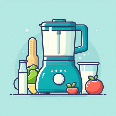Modern flat vector illustration of a blender with ingredients for making smoothiesのイラスト素材