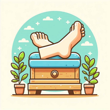 Vector illustration of a man's foot resting on a chest of drawersのイラスト素材