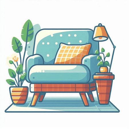 Comfortable armchair with pillows and flowerpot. Vector illustration.のイラスト素材