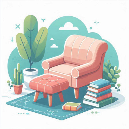 Vector illustration of cozy living room with armchair, books and plants.のイラスト素材