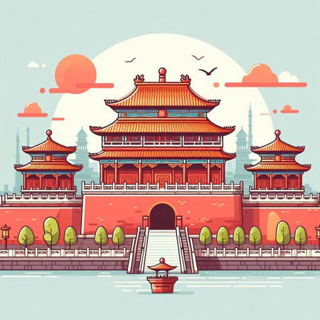Ancient Chinese architecture. Vector illustration in a flat style. Travel to China.のイラスト素材