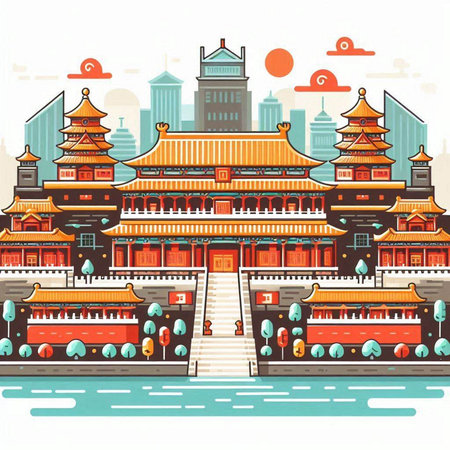 Vector illustration of a Chinese temple on the background of the city.のイラスト素材