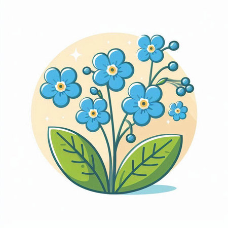 Blue forget-me-not flowers with green leaves on white backgroundのイラスト素材
