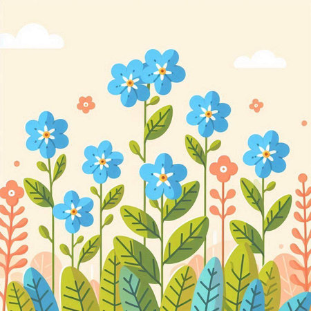 Flower background with blue forget-me-nots. Vector illustration.のイラスト素材
