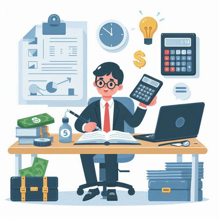Businessman sitting at his desk with laptop, calculator, documents, briefcase and other things. Flat style vector illustration.のイラスト素材