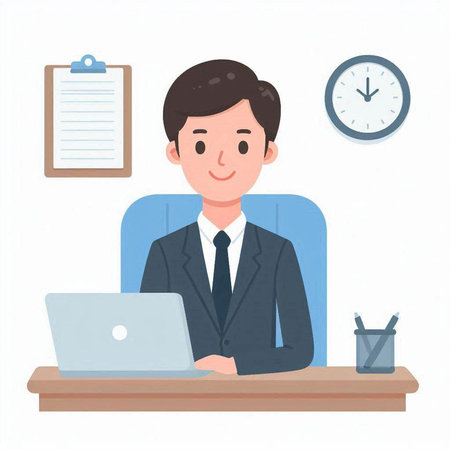 Businessman working at office with laptop. Vector illustration in flat style.のイラスト素材