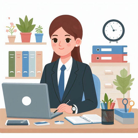 Business woman working at her desk in the office. Vector illustration.のイラスト素材
