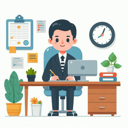 Businessman working in office. Vector illustration in a flat style.のイラスト素材