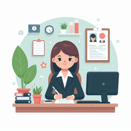 Business woman sitting at desk in office. Flat style vector illustration.のイラスト素材