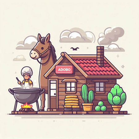 Vector illustration of a farm house with a horse and a barbecue.のイラスト素材