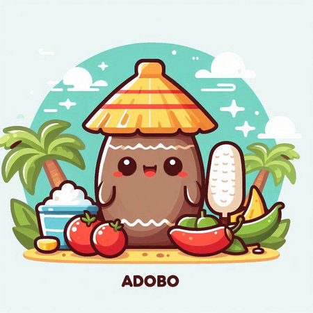 Illustration of a cute little coconut character with fruits and vegetables.のイラスト素材