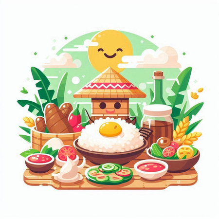 Korean traditional food vector illustration, rice, fried egg, kimchiのイラスト素材