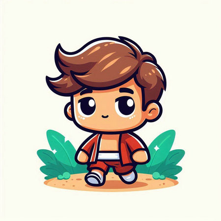 Cute little boy running in the park. Vector cartoon illustration.のイラスト素材