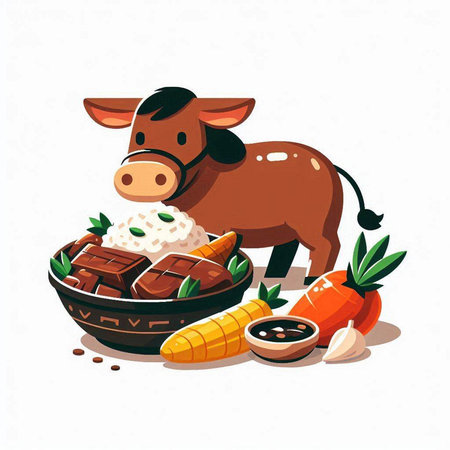 Illustration of cow with rice and carrot. Vector illustration in cartoon style.のイラスト素材