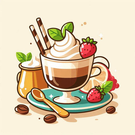 Cup of coffee with whipped cream and strawberries. Vector illustration.のイラスト素材