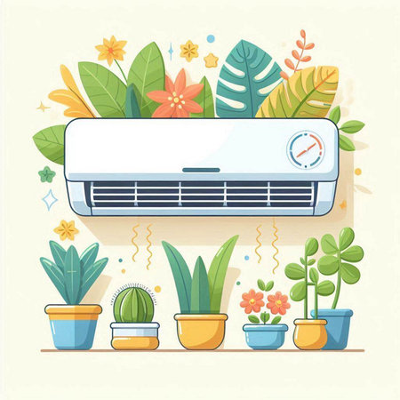 Air conditioner with different plants and flowers. Flat vector illustration.のイラスト素材