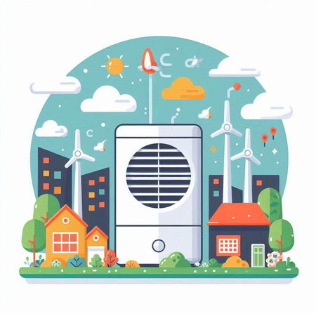 Air conditioner in the city. Vector illustration. Flat design.のイラスト素材
