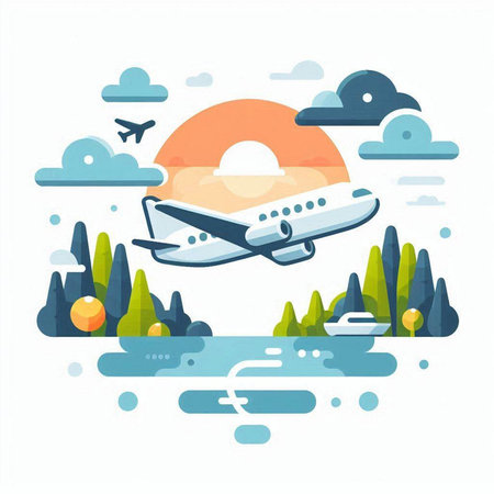 Airplane flying in the sky. Vector illustration in flat style.のイラスト素材
