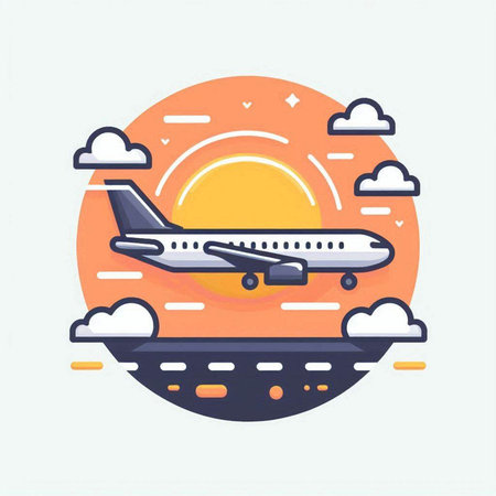Airplane flying at sunset. Vector illustration in flat linear style.のイラスト素材