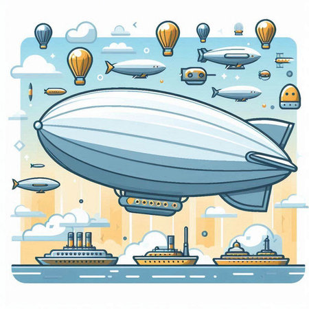 Airship in the sky with clouds. Vector illustration in cartoon style.のイラスト素材