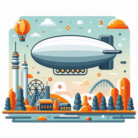 Airship in the city. Flat style vector illustration on white background.のイラスト素材