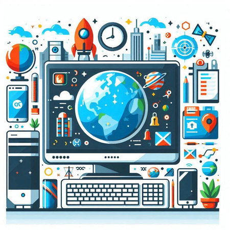 Flat design modern vector illustration concept of big data, cloud computing, server, cloud computing, online storage, data processing, cloud computing and social media.のイラスト素材