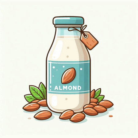 Almond milk in a bottle with a label. Vector illustration.のイラスト素材