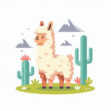 Cute cartoon alpaca with cactus. Vector illustration.のイラスト素材