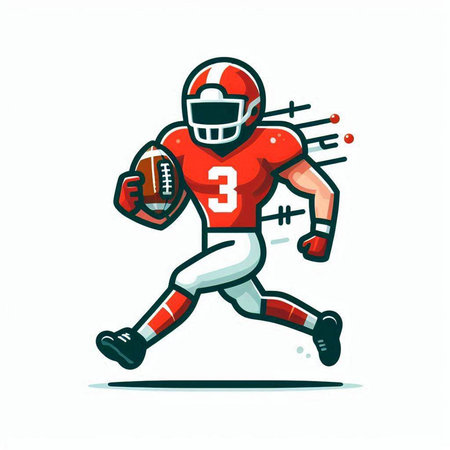 American football player running with ball, cartoon vector illustration isolated on white background.のイラスト素材