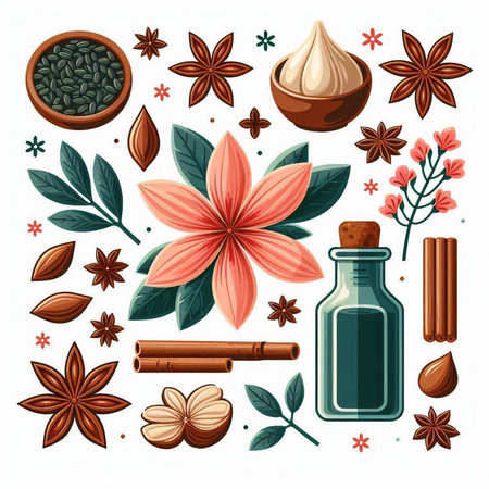 Cinnamon, star anise, nutmeg, cardamom, cloves. Vector illustrationのイラスト素材