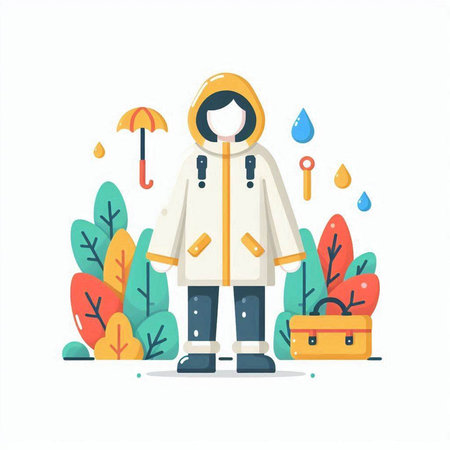 Man in raincoat and raincoat standing in the rain. Vector illustrationのイラスト素材