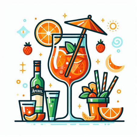 Cocktail with orange, strawberry, lime and ice. Vector illustration.のイラスト素材