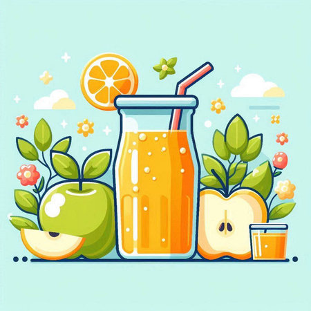 Orange juice in a glass with a straw. Vector illustration in flat style.のイラスト素材