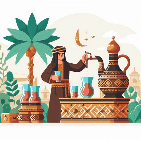 Arabic man drinking tea. Vector illustration of arabic culture.のイラスト素材